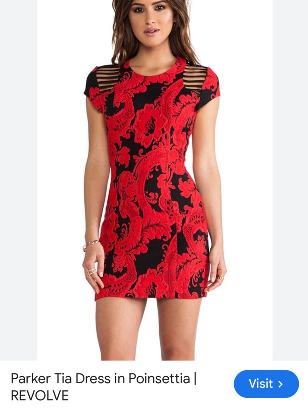 Parker Tia Red and Black Mini Dress in Poinsettia with Cutout Shoulder